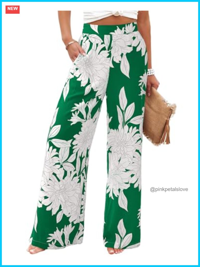 Wide Leg Palazzo Pants With Pockets Elastic Waist Boho Trousers